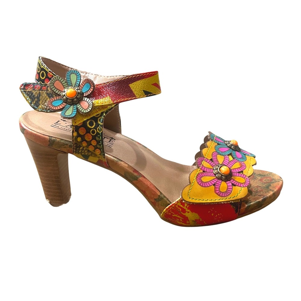 L'Artiste Spring Step Gardena Multi Color Floral Leather Block Heel Sandals 39
